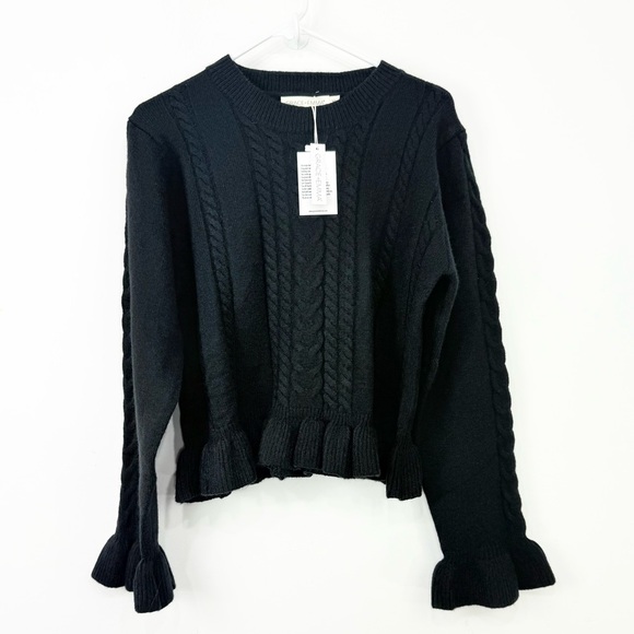 Grace + Emma Black Soft Cable Knit Ruffle Hem Crew Neck Sweater NEW - Picture 2 of 14